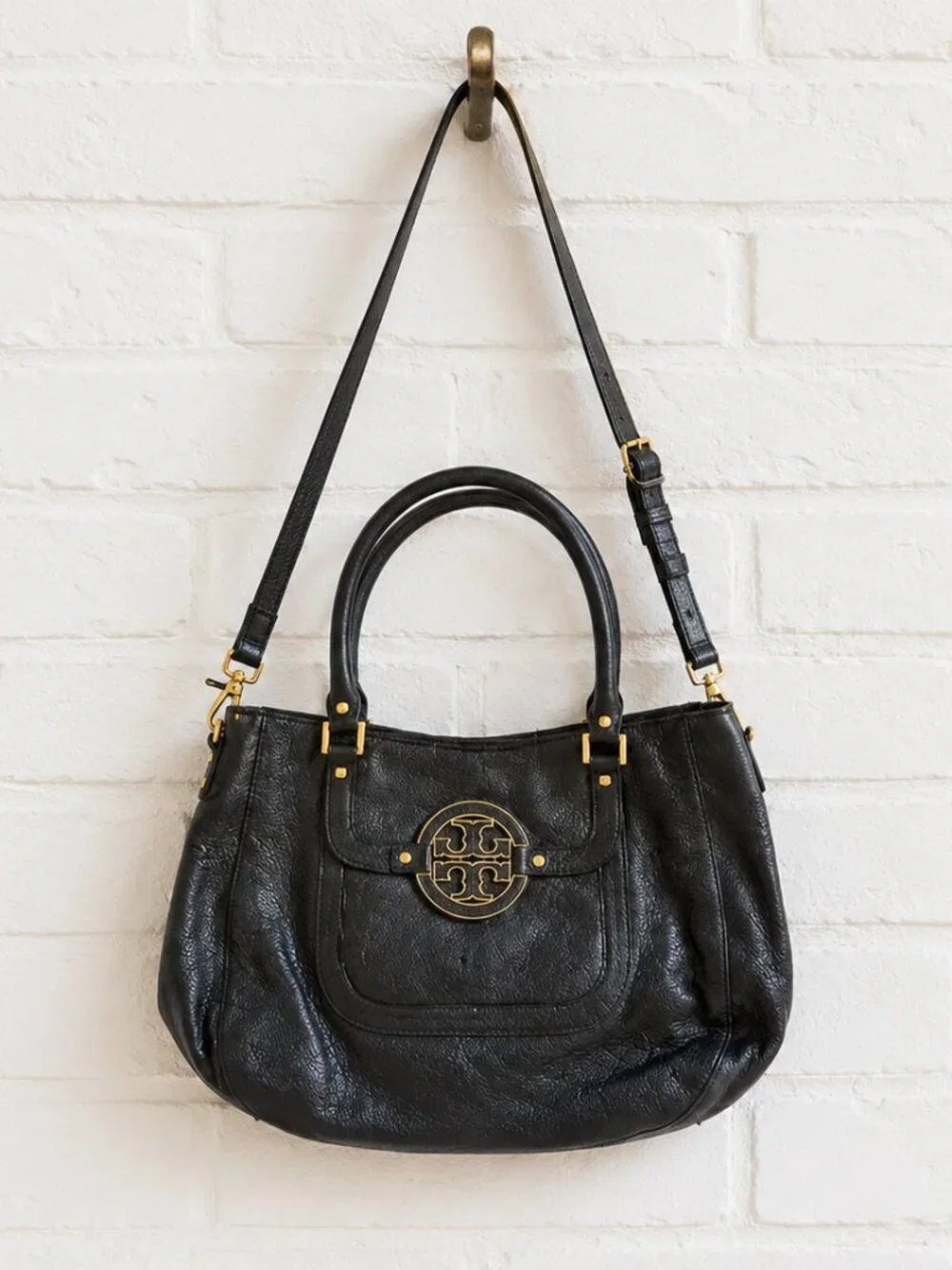 Tory Burch Amanda Black Pebbled Leather Satchel Tote Shoulder Bag